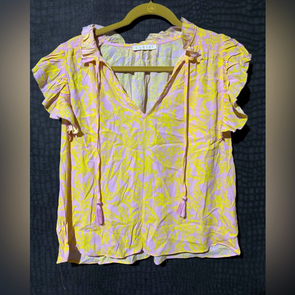 Karlie Pink and Yellow Floral Ruffle Sleeve Blouse